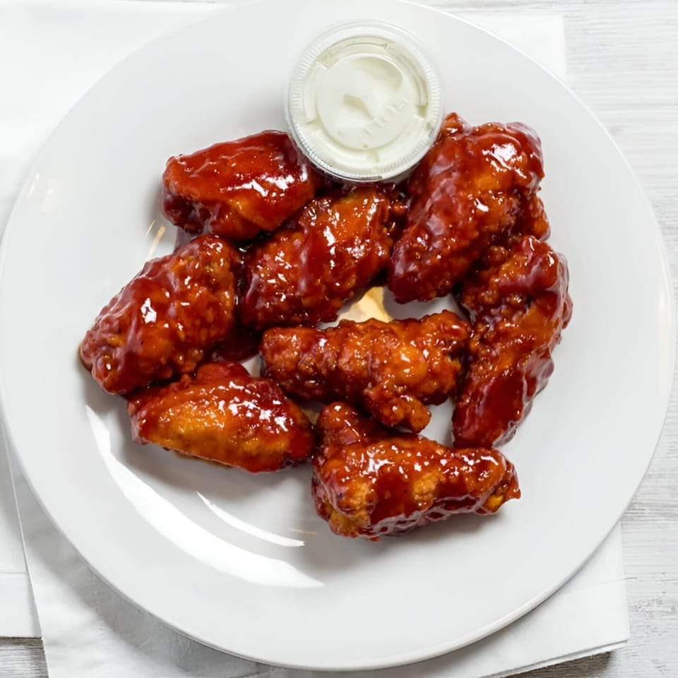 A white plate holds several glossy, red-sauced chicken wings with a small cup of white dipping sauce.