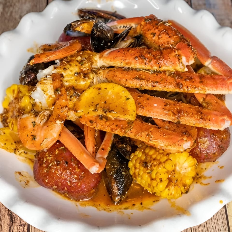 A seafood boil with crab legs, shrimp, mussels, corn, and potatoes in a white bowl.