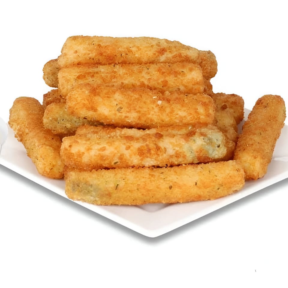 A white plate piled high with golden-brown, breaded fried fish sticks from Sunrise Fish And Chicken.