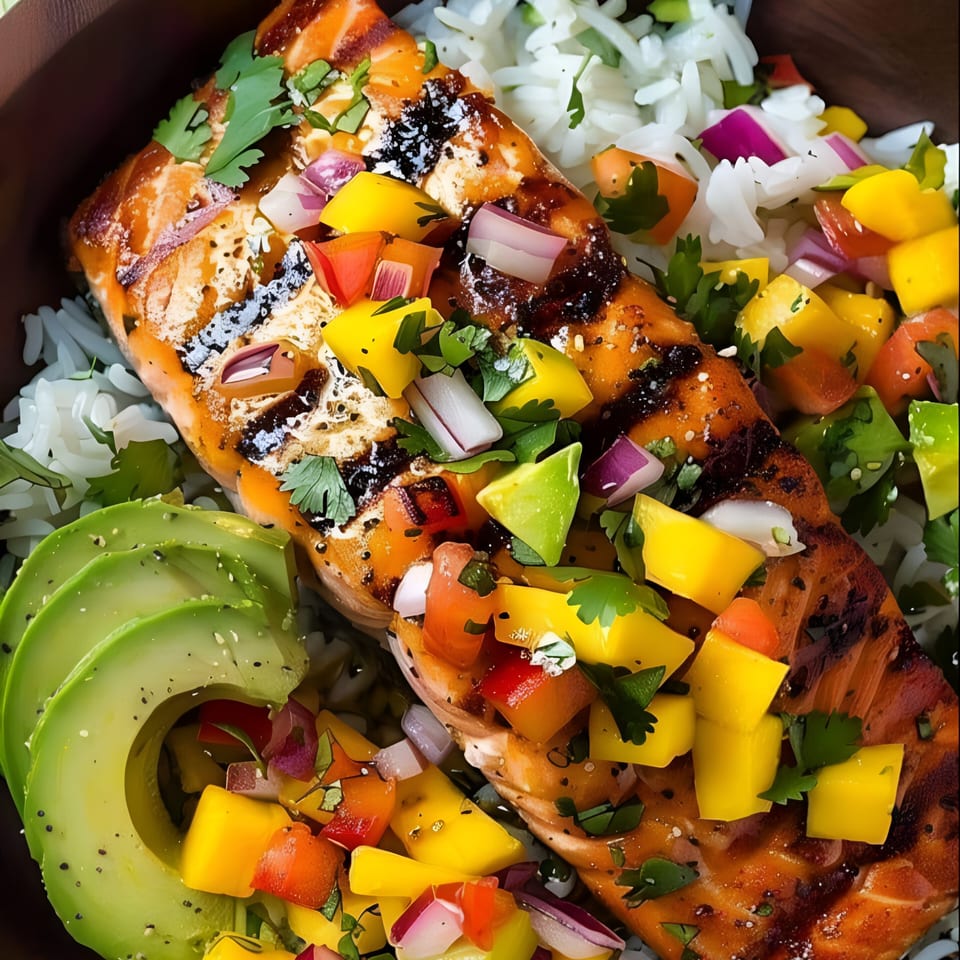 Grilled salmon with mango salsa, avocado slices, and white rice in a dark bowl.